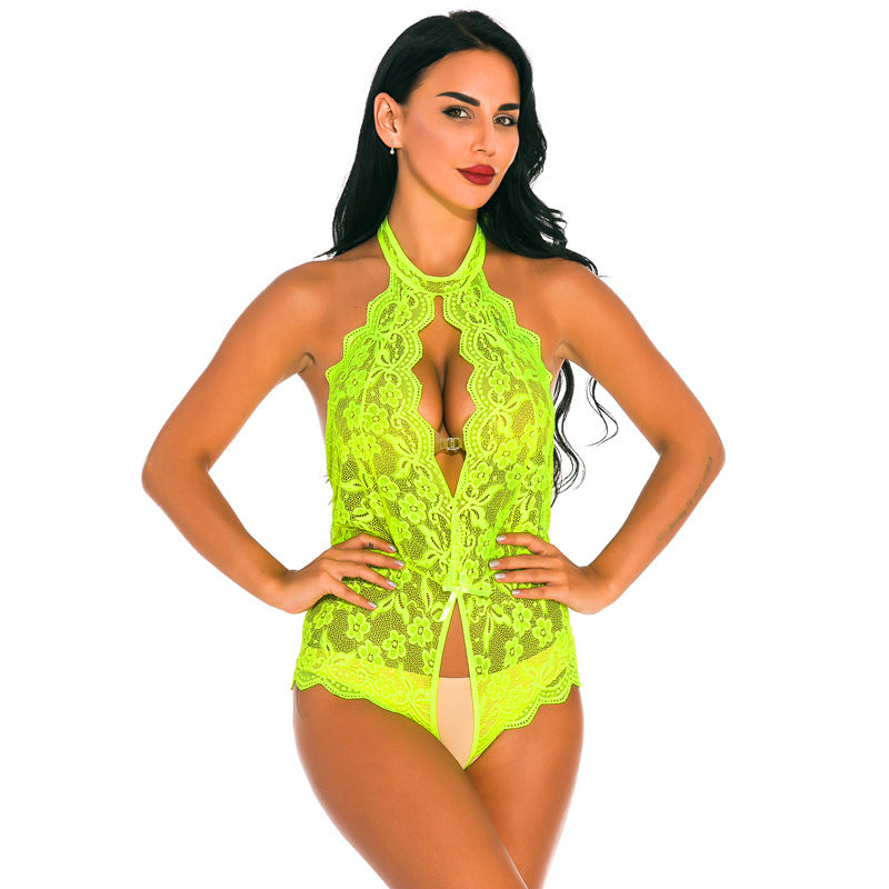 Sexy Temptation Elastic Underwear Lace Embroidery One-piece Open Crotch Hollow Back Strap Sexy Corset,Fluorescent Yellow