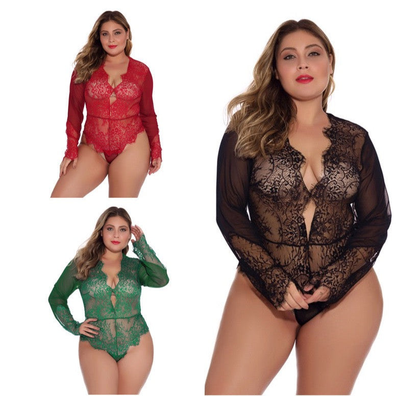 Spring And Summer Erotic Lingerie Low Neck Long Sleeves Lace Mesh Perspective Plus Size Sexy Corset