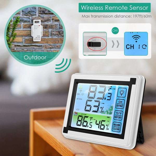 Touch Screen Weather Station Outdoor Forecast Sensor Backlight Thermometer Hygrometer Wireless Weather Station