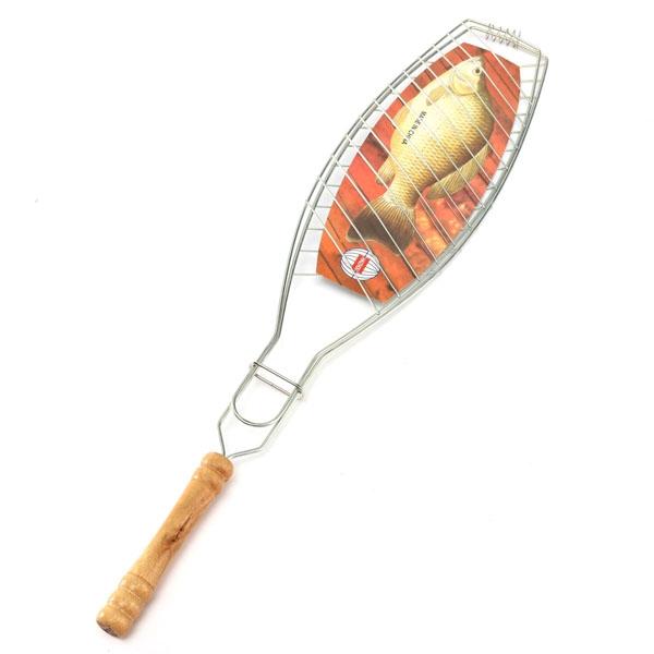 Outdoor BBQ Wooden Handle Fish Grill Basket Folder Tool - Silver