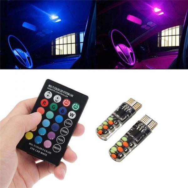Pair T10 RGB LED Car Wedge Side Marker Lights Flashing Lamps Kit with Remote Controller - stringsmall