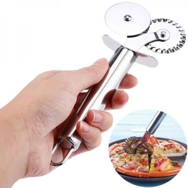 Portable Double Roller 2-in-1 Stainless Steel Pizza Cutter Tools Pasta Cutter Slicer Pastry Noodle Making Kitchen Tools Silver - stringsmall