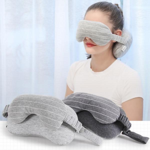 2-in-1 Travel Neck Pillow with Eye Mask for Trips/Office/Napping - Dark Grey