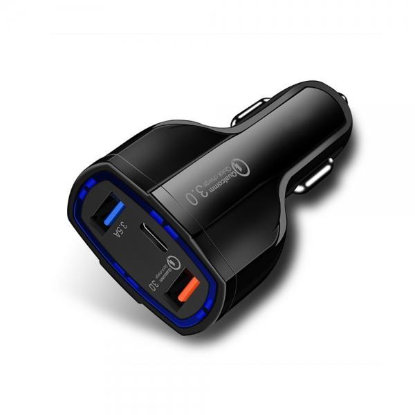 QC3.0 7A Dual USB + Type-c Car Charger/Mobile Phone Charger Black - stringsmall