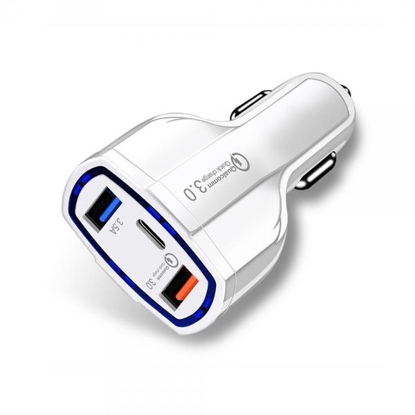 QC3.0 7A Dual USB + Type-c Car Charger/Mobile Phone Charger White