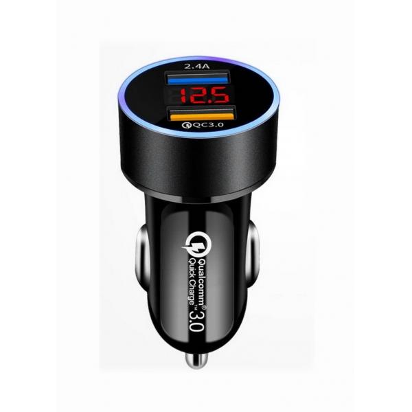 QC3.0+2.4A/30W Black Fast charge Dual USB Car Charger Voltmeter Meter Led USB Auto Charger Power Adapter Socket with Safety Hammer Truck Motorcycle