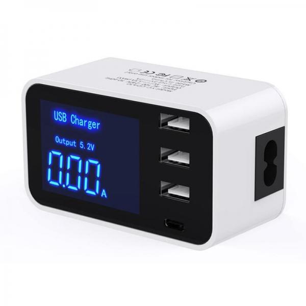 EU-Plug Quick Charge Smart Mobile USB Hub Charger Power Adapter Socket 3Port USB Type C Fast Charging Charger Wall Power Adapter Led Display Desktop Strip