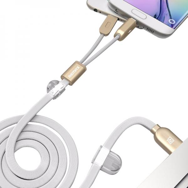 REMAX 1M Magnetic Design 2-in-1 8-Pin Micro USB Fast Charge Data Sync Flat Cable White