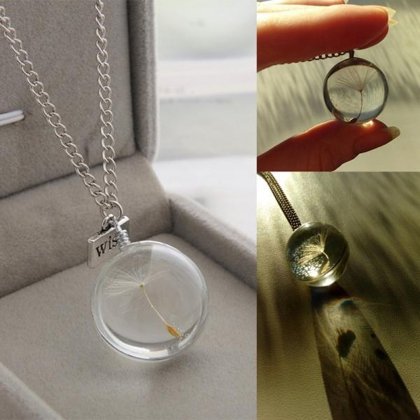 Real Dandelion Crystal Necklace Silver Chain Round Pendants Handmade Gifts - stringsmall
