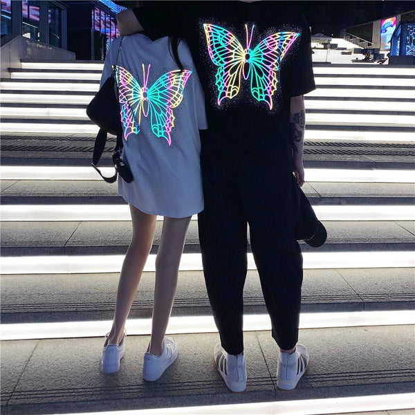 Laser Printing Butterfly Cotton T-shirt Girls Fashion Summer Short Sleeve O-neck Reflecting Tshirts