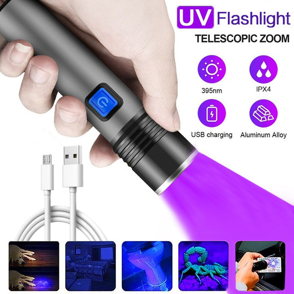 395nm Rechargeable LED UV Flashlight Zoom Mini  UV Black Light Pet Urine Stain Detector Scorpion Hunting