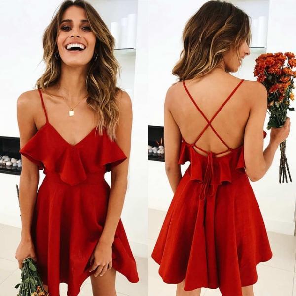 Vintage Backless Cross Drawstring Ruffles Bundle Waist V-Neck Strap Mini Dress - Red (S-XL) - stringsmall