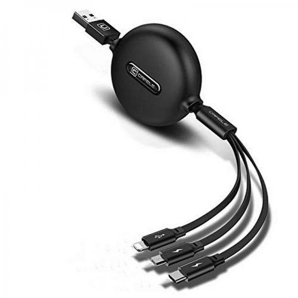Retractable 3 in 1 Lightning Micro USB Type C Cable for iPhone Samsung Andriod Phones Fast Charging - Black