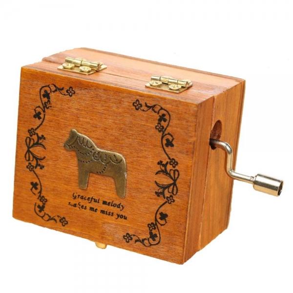 Retro Wooden Novelty Hand Crank DIY Slide Drawer Music Box Birthday Gift - Horse