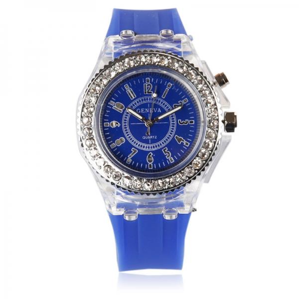 Rhinestones Bezel Colorful Flash Light Jelly Luminous Quartz Wrist Watch Dark Blue