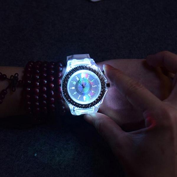 Rhinestones Bezel Colorful Flash Light Jelly Luminous Quartz Wrist Watch White - stringsmall