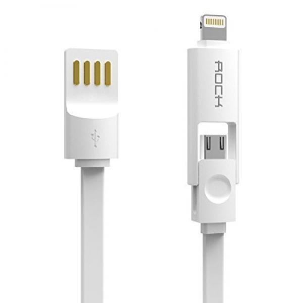 Rock 1M Micro USB Sync Cable and 8-Pin Adapter Charging Cable for Samsung iPhone Cellphone White