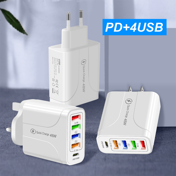 5 Ports Charger 48W Fast Charge Multi-Port Charger PD 18W Fast Charge Adapter US/EU/UK Plug
