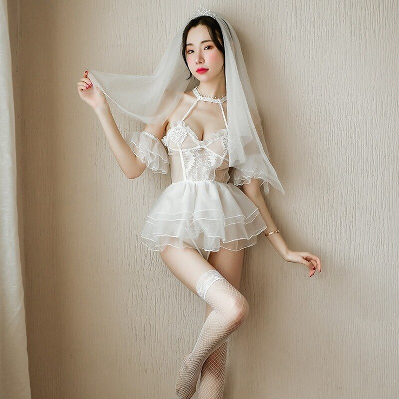 Sexy Role Play Costume Transparent White Wedding Dress Bridal Sexy Temptation Lingerie Set