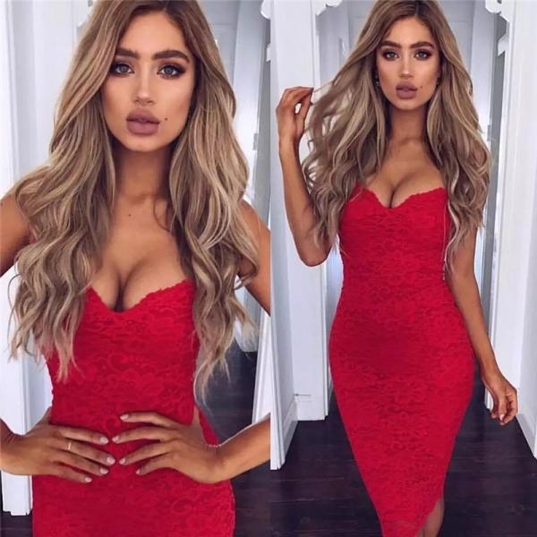 V-Neck Spaghetti Strap Knee-Length Lace Pencil Bodycon Dress - Red/Black (S-XL) - stringsmall