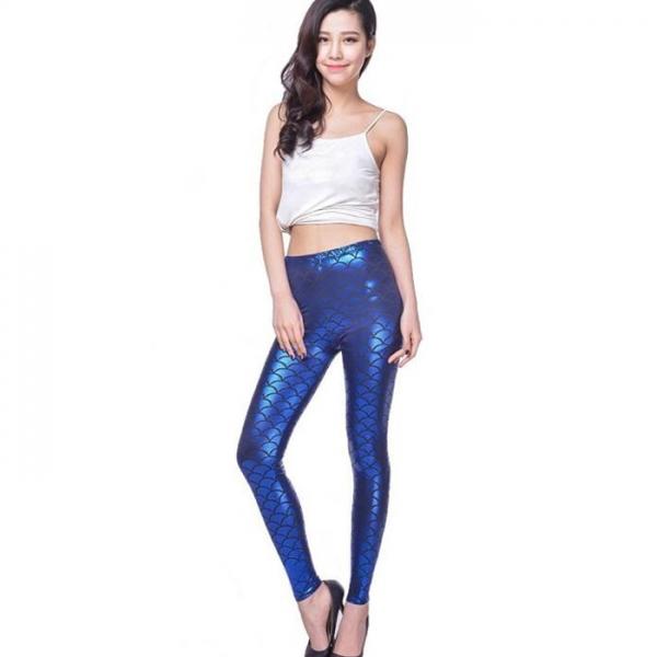 Sexy Women Holographic Mermaid Fish Scale Style Metallic Geometric Stretch Leggings Dark Blue M