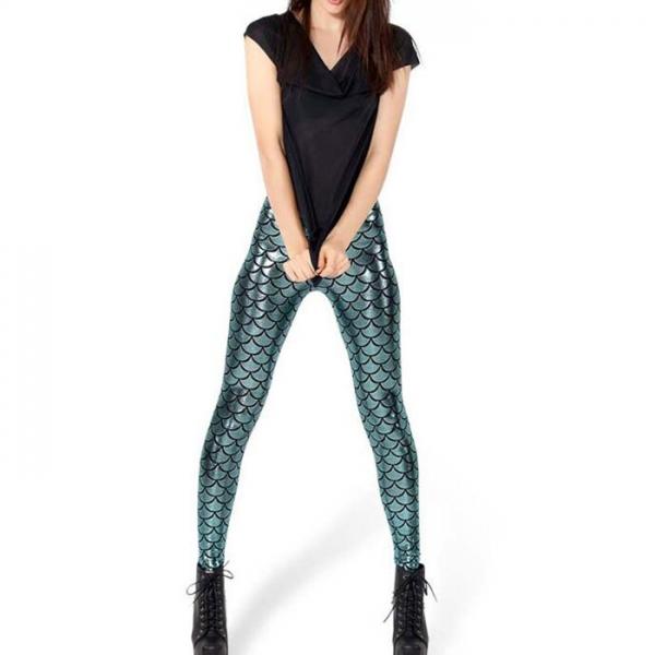 Sexy Women Holographic Mermaid Fish Scale Style Metallic Geometric Stretch Leggings Light Blue M