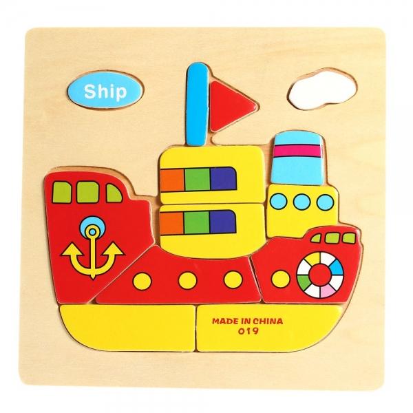 Ship Shaped Wooden Puzzle Block Cartoon Educational Toy Multicolor
