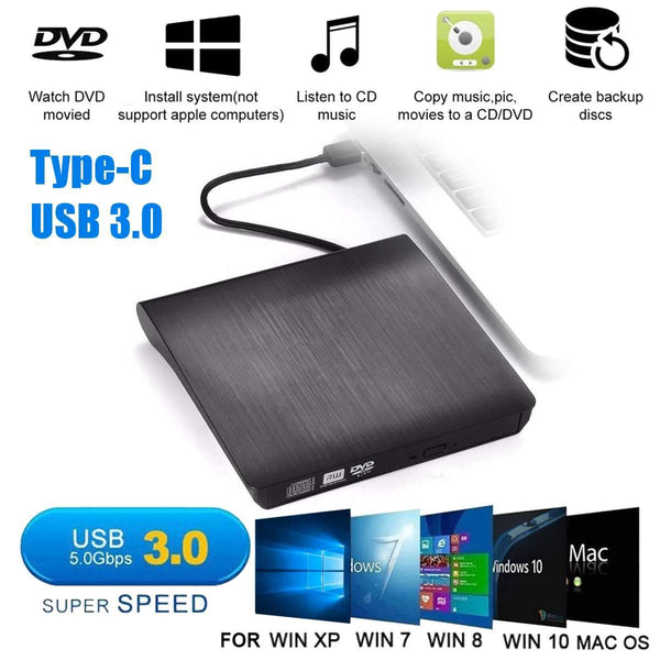 Slim External DVD Drive USB 3.0/Type-C Optical Drive portable DVD RW CD Burner Reader for Macs Laptop Windows PC