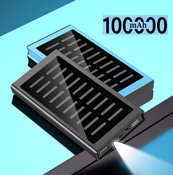 100000mah Solar Mobile Power Bank Metal Large Capacity Power Bank for iPhone Samsung Android Power Bank USB Power Bank Portable Charger with  Torch Lighting