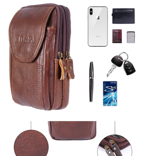 Three-layer Cow Leather Large Space Belt Bag Multi-function Mobile Phone Key tool Zero Wallet