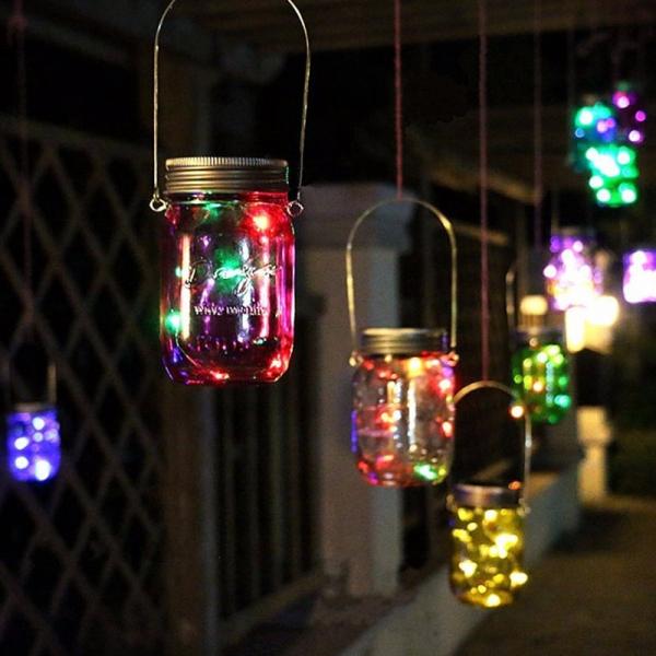 Solar Power Hanging Glass Jar Lamp 8-LED Beads Garden Courtyard Landscape Decor Light Multi-color
