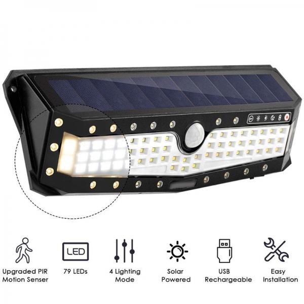 Solar + USB Power 3 Mode Waterproof 79 LED Solar Light Outdoor Garden Light PIR Motion Sensor Pathway Wall Lamp - White