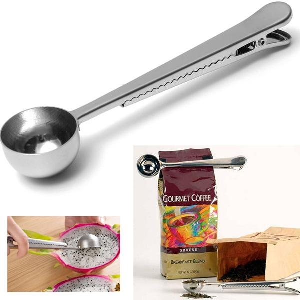 Stainless Steel Coffee Tea Measuring Scoop Spoon with Bag Seal Clip Silver