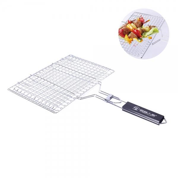 Stainless Steel Square Non-stick Barbecue Rack BBQ Grilling Basket with Removable Wooden Handle KW3010A