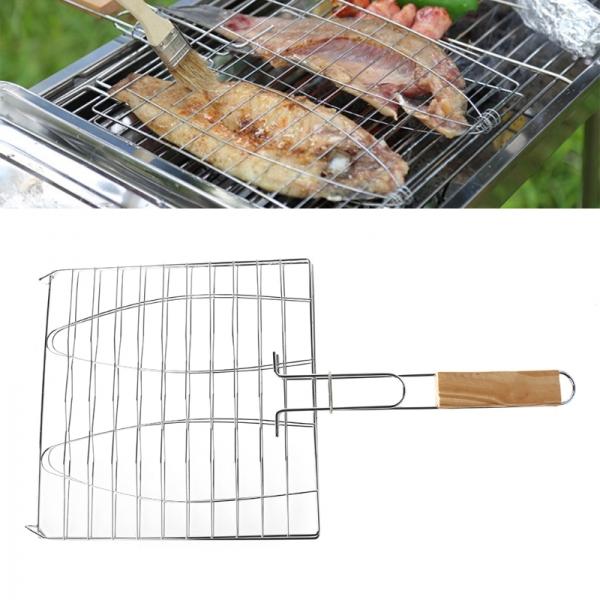 Stainless Steel Wooden Handle Barbecue Grilling Basket Net Meat Fish Vegetable BBQ Grill Tools