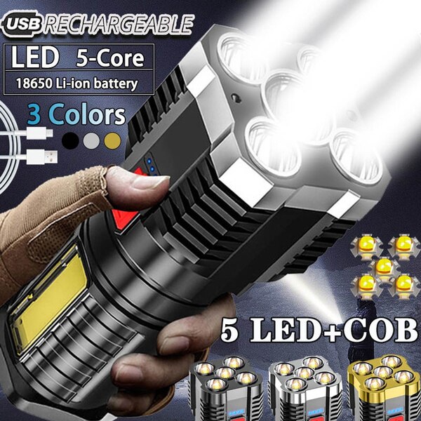 200W Five Nuclear Anti-explosion Powerful Flashlight Nitecore Lantern High Power Led Torch Rechargeable Lamp with COB Side Light