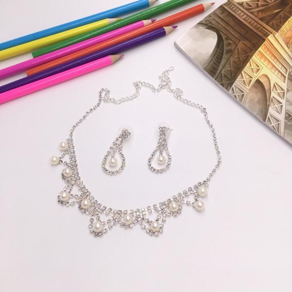Stylish Rhinestone Pearl Necklace Earrings Bridal Jewelry Set TZ10 Silver - stringsmall
