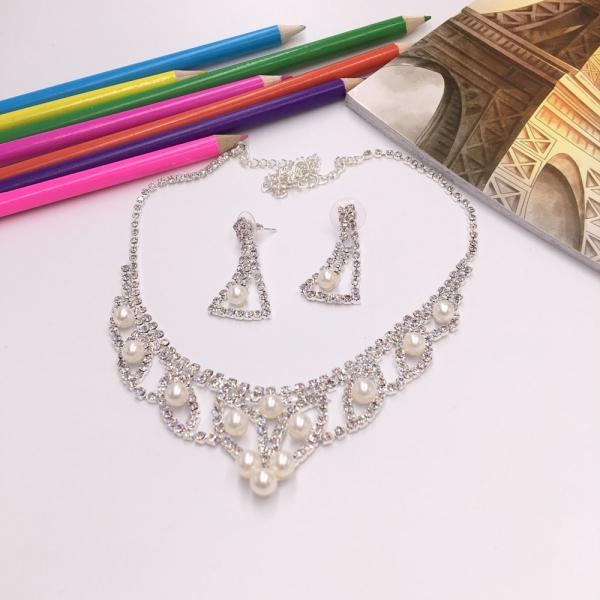 Stylish Rhinestone Pearl Necklace Earrings Bridal Jewelry Set TZ13 Silver