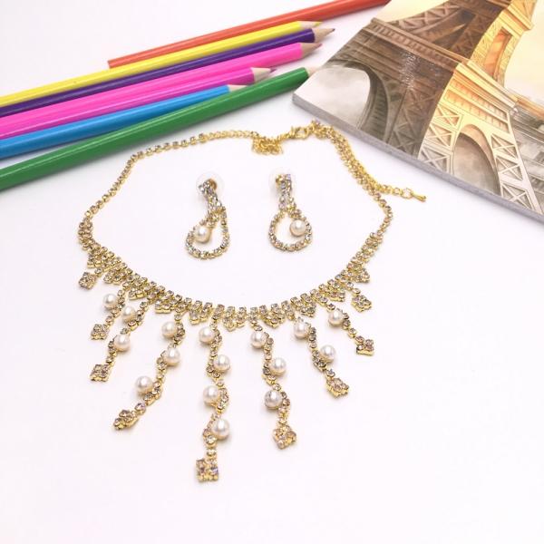 Stylish Rhinestone Pearl Necklace Earrings Bridal Jewelry Set TZ6 Golden