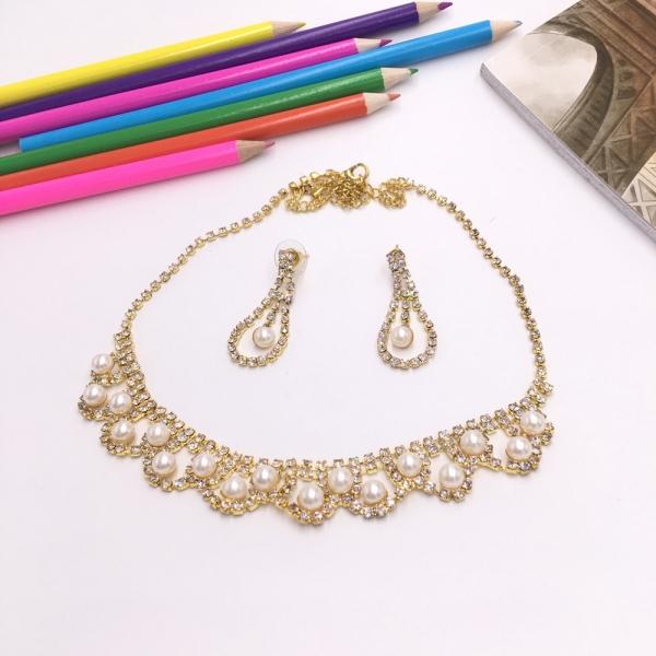 Stylish Rhinestone Pearl Necklace Earrings Bridal Jewelry Set TZ7 Golden
