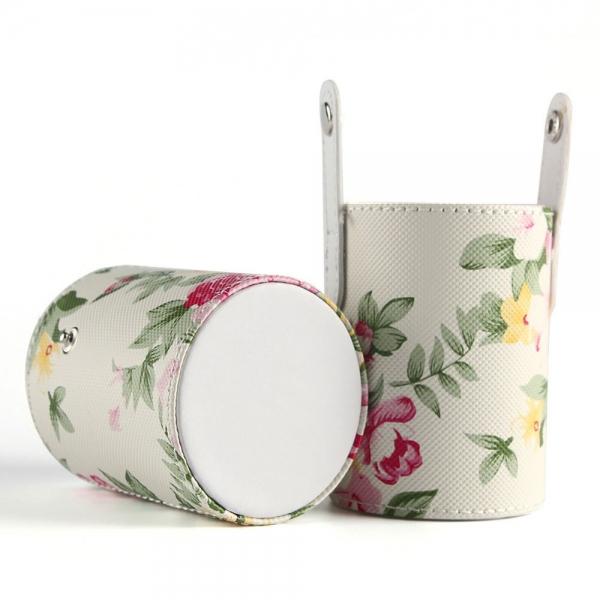 Travel Makeup Brush Round Case Makeup Brush Holder Organizer Size S Beige Rose Pattern