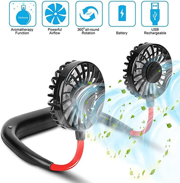 USB Portable Fan Cold Fan Hands Free Neck Fan Hanging Rechargeable Mini Sports Fan 3-Speed Adjustable Neck Dual Fan