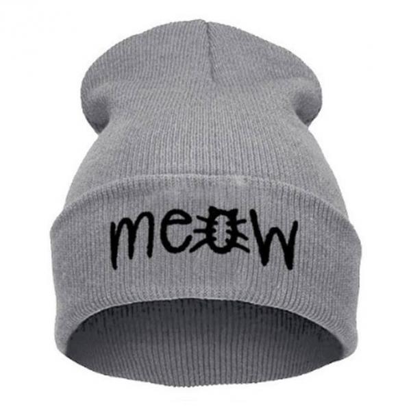 Unisex Fashion MEOW Cap Casual Hip-hop Knitted Wool Warm Winter Hat Light Gray