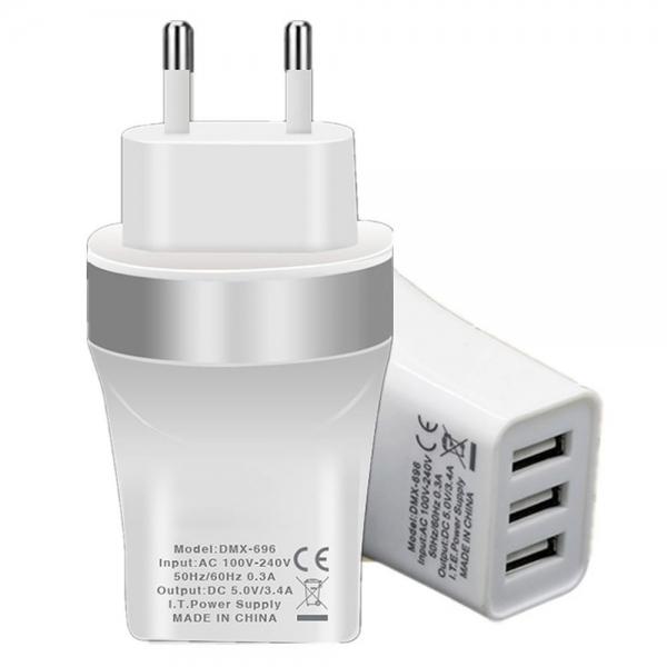 Universal EU Plug 3-Port USB 5V 3.4A Power Adapter Charger for Smart Phones Silver & White