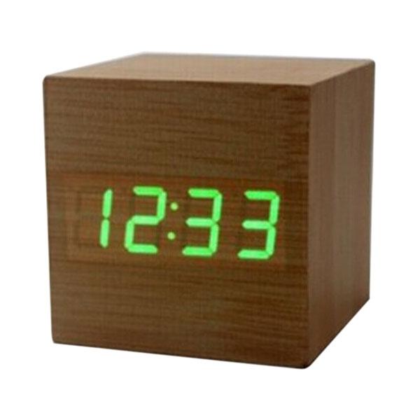 Cube Digital Voice Control Alarm Clock w/ Thermometer Calendar Rosewood & Green LED