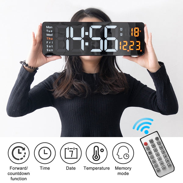 13/16 inchs Wall-mounted Digital Wall Clock Remote Control Temp Date Week Display Power Off Memory Table Clock Dual Alarms Large LED Clocks