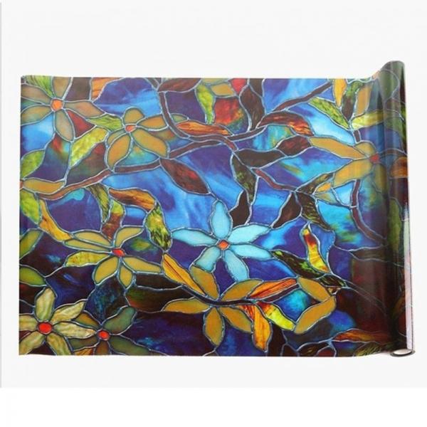 Washroom Toliet PVC Self Adhesive Waterproof Static Cling Cover Stained Flower Privacy Glass Window Film Sticker - 55x500cm