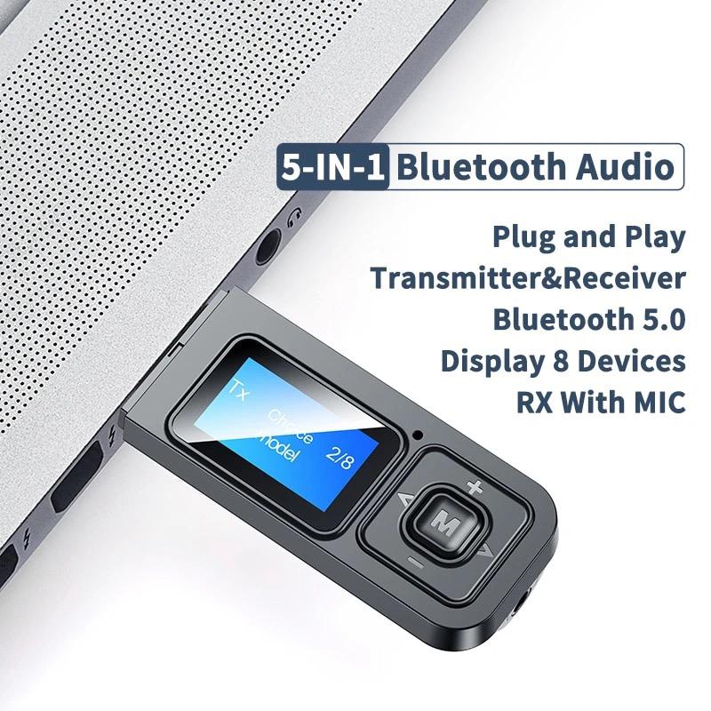 5-IN-1 USB Dongle Bluetooth 5.0 Audio Receiver Transmitter With LCD Display Mini 3.5mm AUX RCA Wireless Adapter With MIC For TV