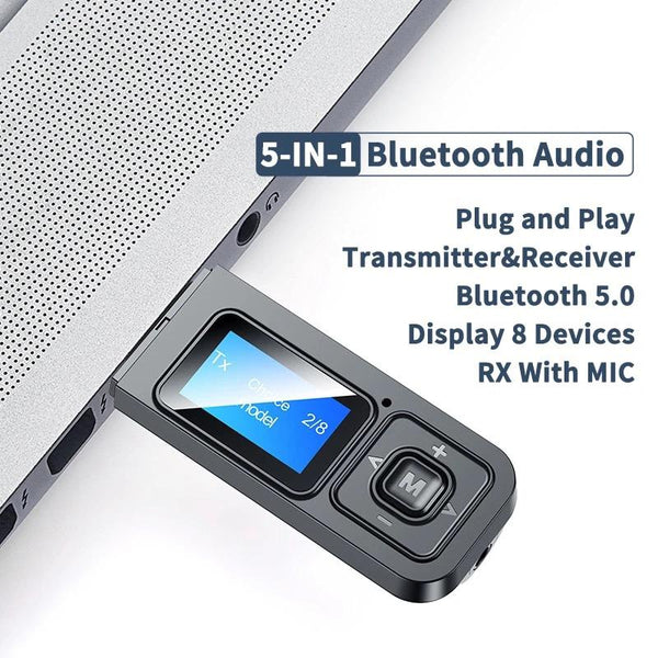 5-IN-1 USB Dongle Bluetooth 5.0 Audio Receiver Transmitter With LCD Display Mini 3.5mm AUX RCA Wireless Adapter With MIC For TV