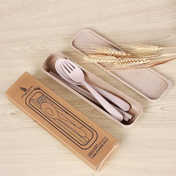 Wheat Straw Portable Camping Picnic Spoon Fork Chopsticks Set Flatware Beige